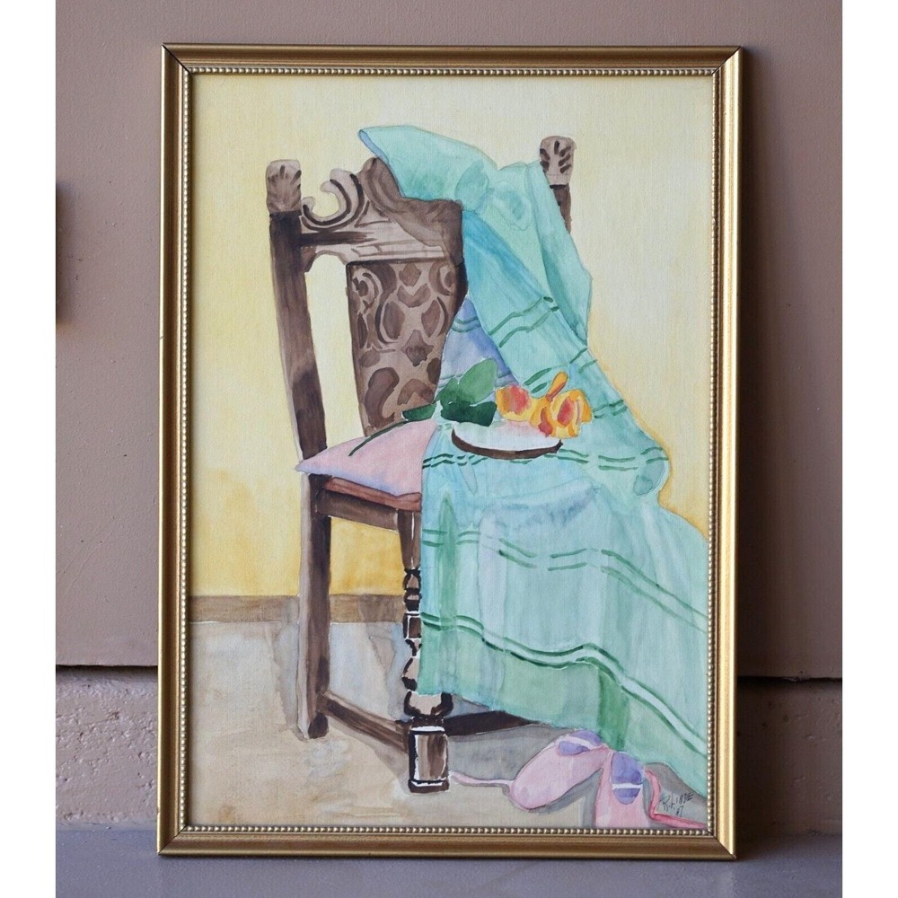 Signed R. Linde‎ 1947 Original Water Color Clothes Hanging on a Chair Painting
